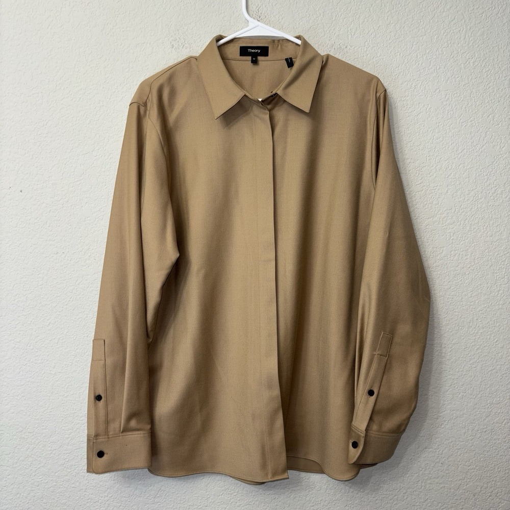 Theory Straight Shirt in Sleek Flannel 100% Virgin Wool Mens Size Medium M Tan